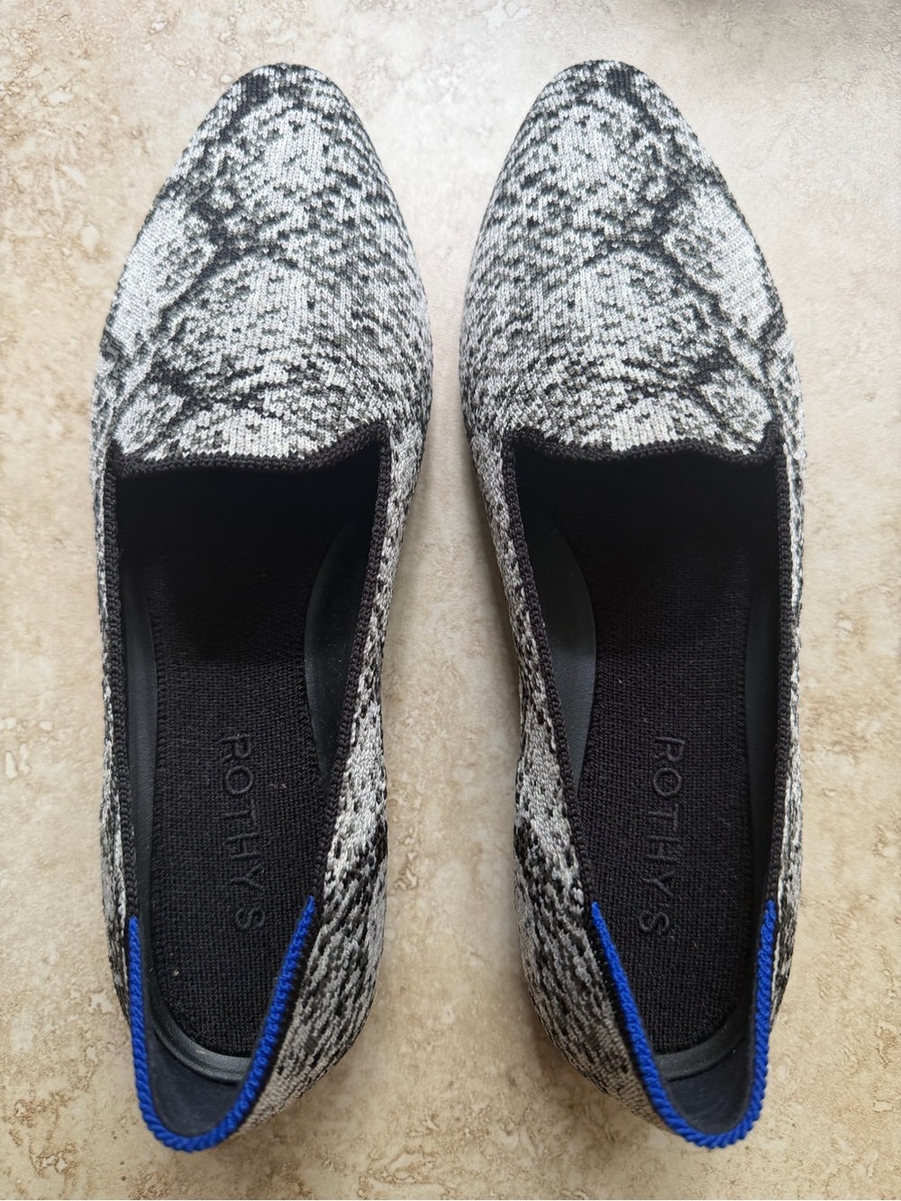Rothy's Gray Snake-Print Slip-Ons with Blue Trim Sz 7.5 Women’s Shoes